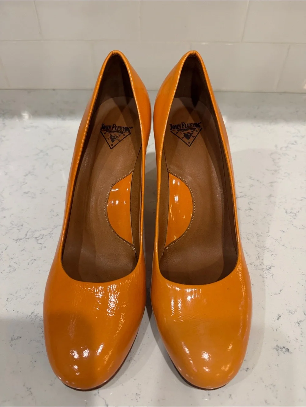 John Fluevog Patent Orange Round-Toe Block Heel Pumps Size 8.5 Dopamine Dressing